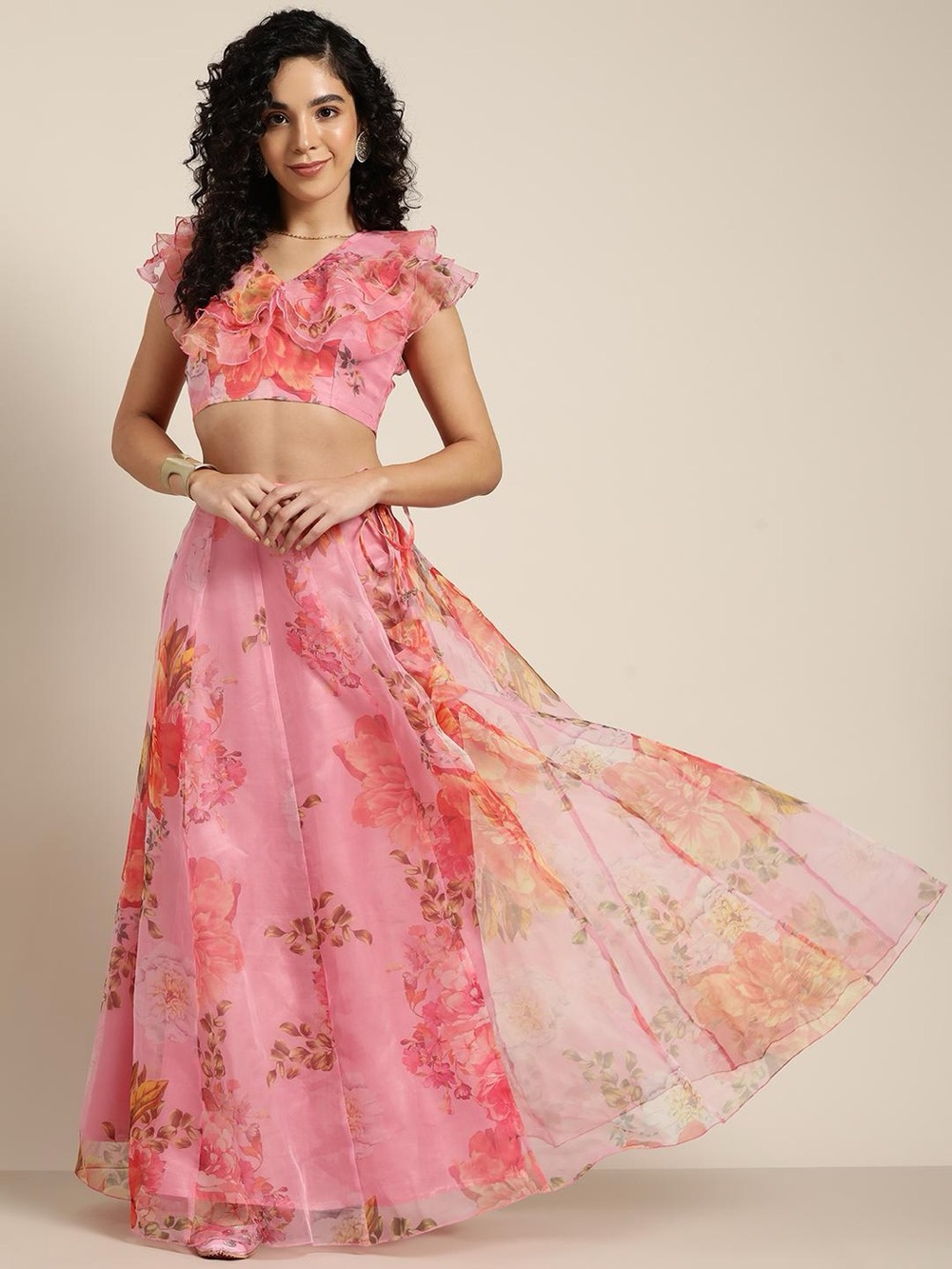 Ready to Wear Indian Lehenga, Floral Pink Ruffle Printed Organza